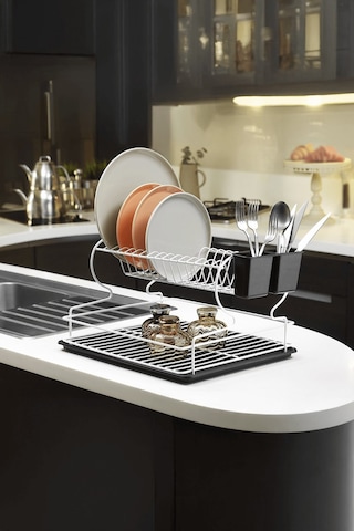 2 Katlı Beyaz Bulaşıklık Dayanıklı Paslanmaz Termoplastik Kaplama Bulaşık Sepeti, Tepsili, Tabak Ve Kaşık Kurutmalık - Beyaz - Siyah