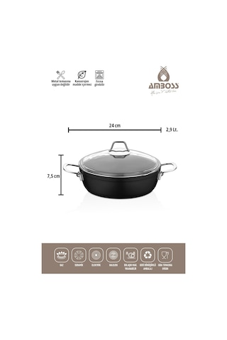 Amboss Dark 1325 Basık Tencere Cam Kapaklı 26 CM