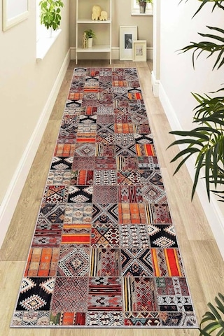 Viva Home Kaymaz Tabanlı Makinede Yıkanabilir Patchwork Rulo Yolluk Halı, Turuncu, 80 X 300 Çok Renkli