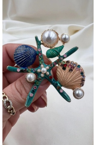 Bb Deniz Yıldızı İnci Taneli Broş Altın -  Mavi