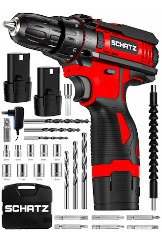 Schatz 12v Çift Akülü Çelik Şanzıman Bakır Sargılı Şarjlı Vidalama Matkap Kırmızı + 24 Parça Set