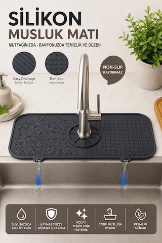 Silikon Musluk Matı Su Sıçratmaz-kaydırmaz-tahliyeli Mutfak-banyo Lavabo-sabunluk Çok Amaçlı Tezgah-evye Düzenleyici Gri