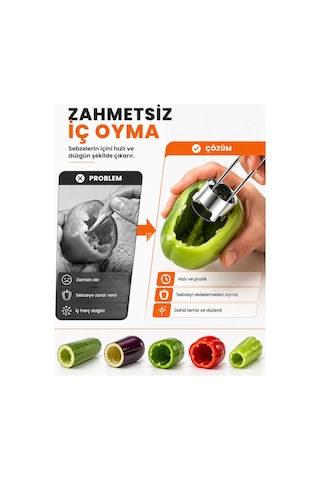 Metal Kabak Oyucu Paslanmaz Çelik Sebze İç Oyacağı Dolmalık Kabak, Patlıcan, Biber Ve Salatalık Oyma Aparatı Gri