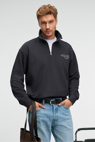 Grımelange BRAM Erkek %100 Pamuk Dik Yakalı Yarım Fermuarlı Baskılı Antrasit Sweatshirt