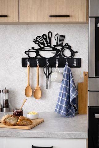 Mutfak Temalı Duvar Askılığı 6 Kancalı Mdf Duvar Askısı 39 X 29 Cm Siyah Siyah