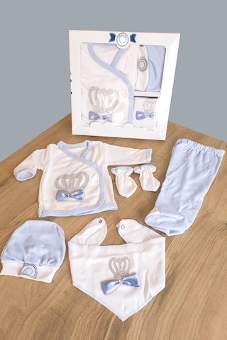 Mavi Taşlı 5 Parça Hastane Çıkışı Erkek Bebek Giyim Mavi