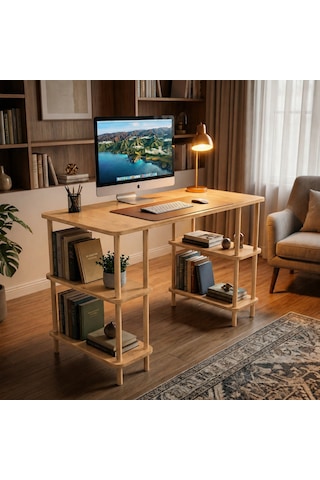 Kitaplıklı Bilgisayar Masası Raflı Geniş Çalışma Masası Modern Dekoratif Ofis Mobilyası Safirmeşe