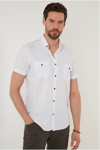 Buratti Düğmeli Yaka Pamuklu Slim Fit Cepli Erkek Gömlek Cf21S111153 Beyaz