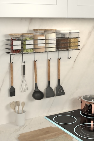 Tezgah Üstü Düzenleyici Baharatlık Organizer Vidalı ve Yapışkanlı Askılı Mutfak Rafı 55 CM Siyah