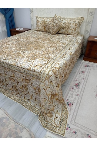 Pullu Boncuk İşlemeli Otantik Çift Kiş Yat Örtüsü 240x270 -gold Gold