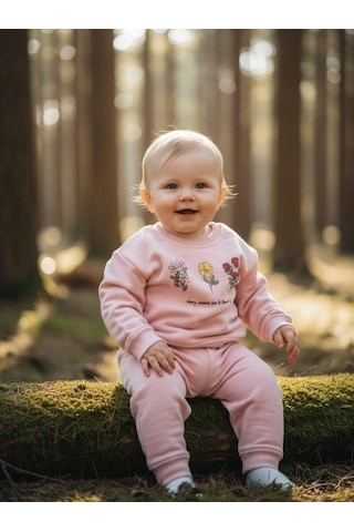 Zekids Kız Bebek Çiçek Desenli Eşofman Takım-16328 Pudra