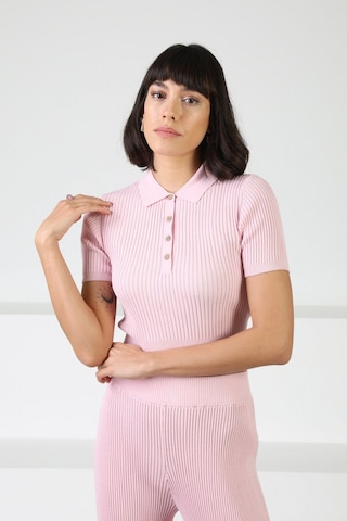 Ferraro Pembe Kadın Polo Yaka Kısa Kol Fitilli Viskon Triko Bluz Pembe