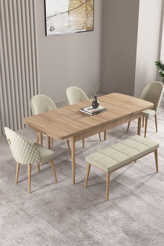 Milas Meşe Desen 80x132 Mdf Açılabilir Mutfak Masası Takımı 4 Sandalye, 1 Bench Krem