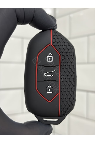 Togg T10x Uyumlu 3 Butonlu Anahtar Koruma Kılıfı Petek Desenli Kırmızı Çizgili