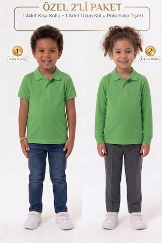 Nacar Store Unisex Çocuk Uzun Ve Kısa Kollu Polo Yaka Okul Tişörtü 2'li Set Fıstık Yeşil