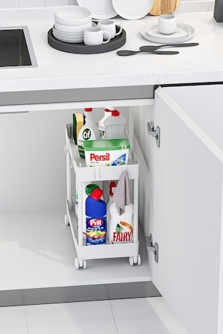 Beyaz 2 Katlı Tekerlekli Düzenleyici Mutfak Ve Banyo Rafı