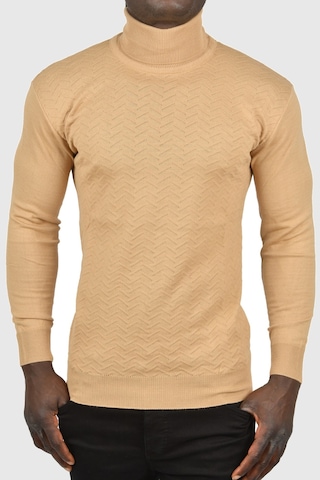 Rizzup Erkek Camel Zigzag Desenli Tam Balıkçı Yaka Dar Kesim Boğazlı Triko Kazak 2505497
