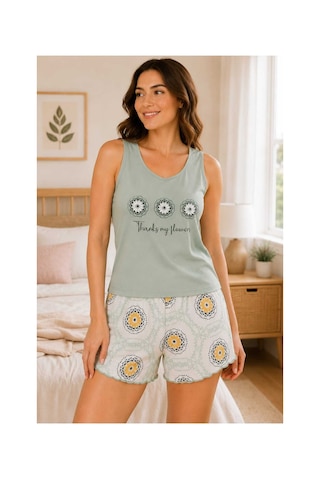 Tenra Kadın Şortlu Pijama Takımı Askılı Üst Desenli Şort Yazlık Ev Giyim Yeşil