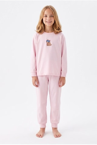 Bunny Hopp Kız Çocuk Uzun Kollu Pijama Takımı %100 Pamuk Pembe Kedi Desenli Penye