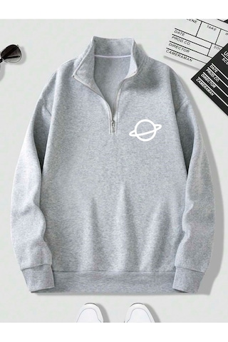 Harmandar Gri Erkek Saturn Baskılı Dik Yaka Yarım Fermuarlı Kazak Sweatshirt Saturngridikyaka