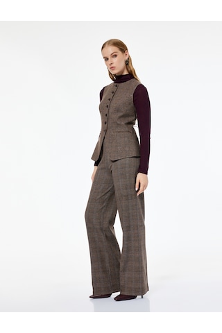Koton Normal Bel Straight Fit Kumaş Düz Kesim Ekose Pantolon Kahverengi Ekose 7wak40006ew