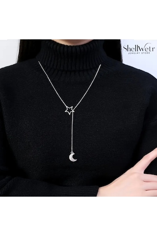 Selene 925 Ayar Gümüş Zincir Kolye Yıldız Ay Sallantılı Kadın Kolye Gümüş