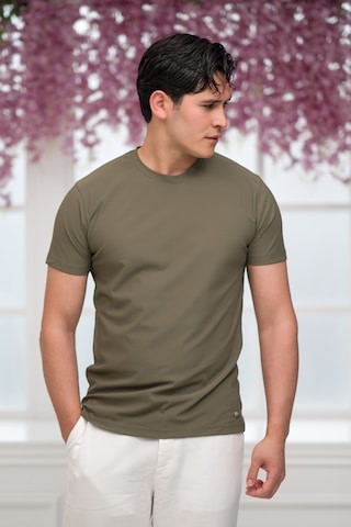 Paul Martin Slimfit Lyocell Kumaş Likralı Küçük Armürlü Bisiklet Yaka T-shirt Haki
