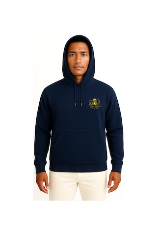 Bahriyeli Collection Kapüşonlu Steampunk Octopus Dalgıç Başlığı Cep Ve Sırt Baskılı Unisex Sweatshirt Lacivert