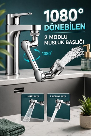 1080 Derece Dönebilen 2 Modlu Mutfak Musluk Başlığı Banyo Musluk Ucu Evrensel Fonksiyonlu Başlık Gümüş