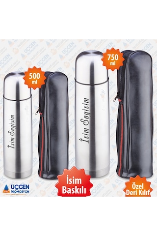 500-750ml Fermuarlı Deri Kılıflı Metalik Gri Termos 750Ml