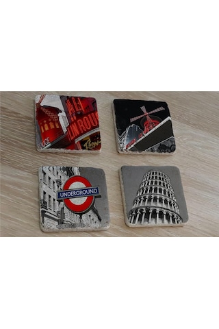 Moulin Rouge Pisa Kulesi Ve Londra Metro Girişi Doğal Taş Bardak Altlığı 4'lü Set - Natural Stone Coasters - Taş Çok Renkli