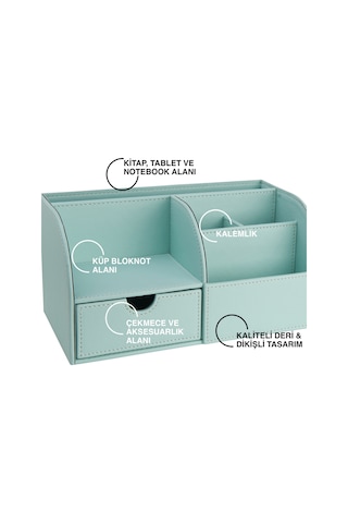 Masaüstü Düzenleyici,kalemlik,kumandalık,küpbloknotluk,tabletlik,kitaplık,6 Gözlü,çekmeceli,desktop Organizer,vegan,24,5 13 12 Su Yeşili