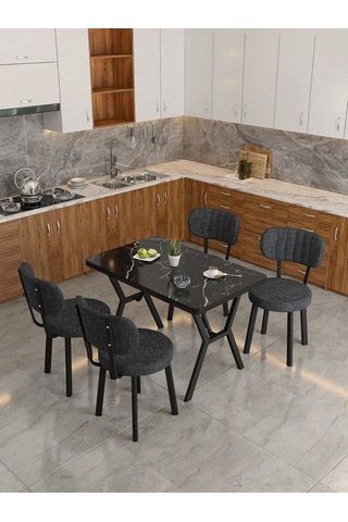 Azra 70x110cm Bendir Mutfak Masası, Mutfak Masası Takımı, Yemek Masası, 4 Antrasit Sandalye Antrasit