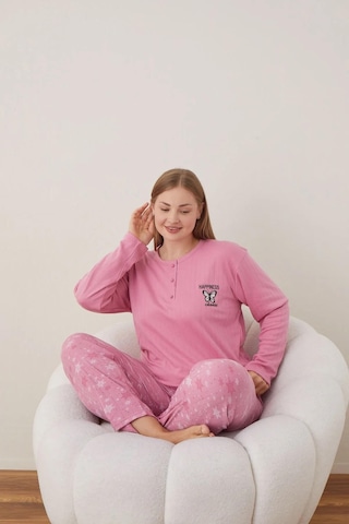 Boyraz Lindros Kadın Pamuklu Düğme Yaka Raporlu İnterlok Battal Pijama Takımı 05110 - 1 Adet Pembe