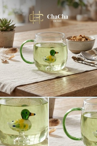 Chacha Home Figürlü Borosilikat Cam Kupa 350 Ml - Renkli Kulplu Bardak - El Yapımı Cam Figürlü Sunum Kupası Ördek Figür