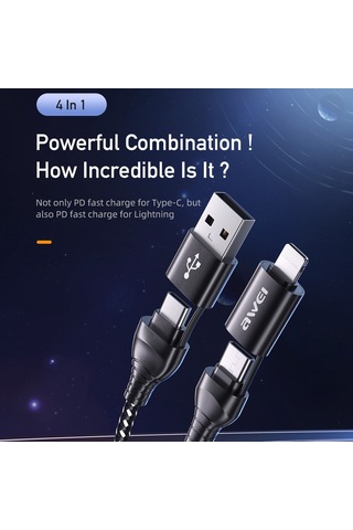 Awei Cl-126 1.2m 4 İn 1 Usb Usb-c / Tip-c 8pin Veri Hızlı Şarj Kablosu Siyah