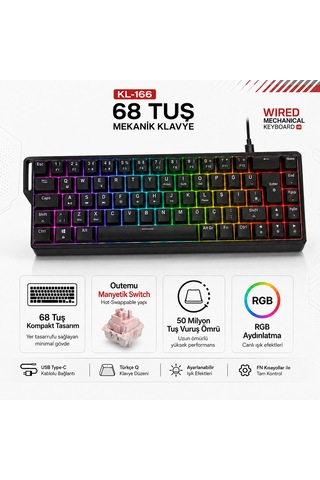 68 Tuş Türkçe Q Rgb Mekanik Gaming Klavye Outemu Manyetik Switch Hot Swappable Type-c Kablolu Kompakt Klavye