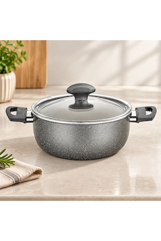 Granit Kaplamalı Derin Tencere 22 Cm Cam Kapak Renkli