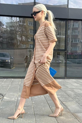 Madmext Camel Düğmeli Triko Kadın Elbise Mg1648-camel