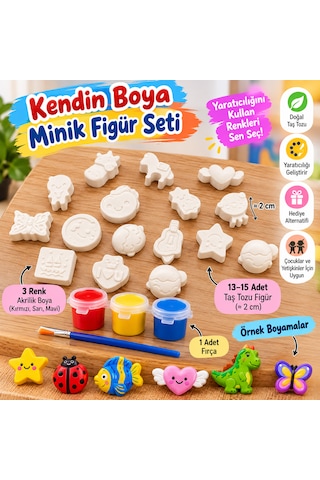 Kendin Boya Minik Figür Boyama Seti 2 Cm Taş Tozu Figürler 3 Renk Boya Ve Fırça