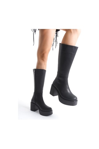 Ventes Kalın Taban Topuklu Fermuarlı Diz Altı Sade Klasik Kadın Çizme 914303-z Siyah Cilt