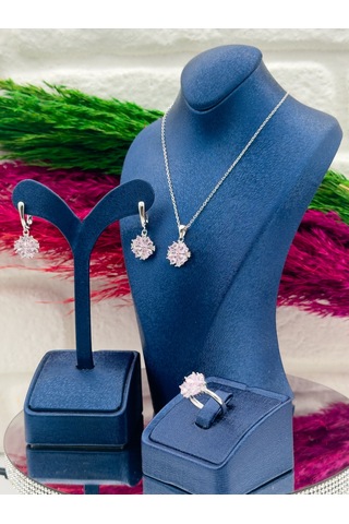 925 Ayar Gümüş Pembe Kuvars Taşlı Özel Tasarım 3 Lü Zarif Kadın Takı Seti Gümüş