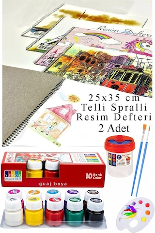 10 Renk Guaj Boya Südor 25x35 Cm Telli Spralli Resim Defteri Palet Resim Fırçası 15 Yaprak Guajboya Resim Defteri Çok Renkli