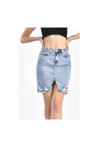 Açık Mavi Lazerli Yırtıklı Kar Yıkama Kot Etek 001