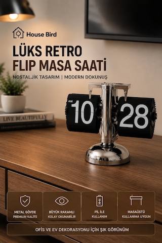 Lüks Retro Flip Masa Saati Pil  Otomatik Mekanizmalı Metal Masaüstü Saat