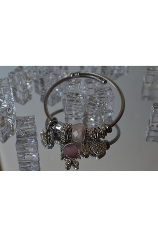 Uzel Çelik Bileklik Gümüş Silver Model Pembe, Balık Char...