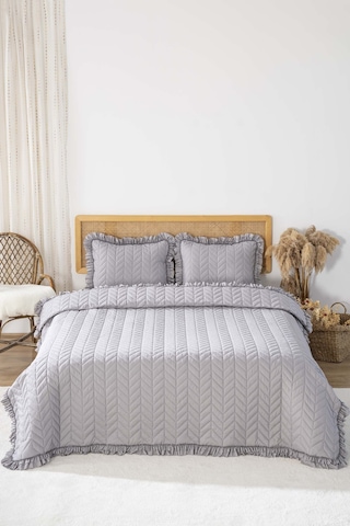 Miranda Fırfırlı Çift Kişilik Yatak Örtüsü Takımı 3 Parça Uyku & Çeyiz Seti Antrasit