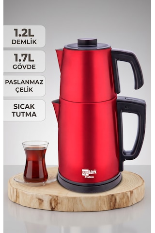 Egetürk Teadem 2000w Elektrikli Çay Makinesi, Çaycı 1.7l Su Isıtıcısı .2l Demlik Paslanmaz Çelik Kırmızı