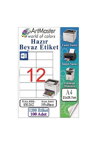 A4 Hazır Beyaz Etiket 105x48 Mm 100 Sayfa 1 Paket 12 Li Kendinden Yapışkanlı Fotokopi Lazer İnkjet Kağıdı Yazıcılar İçin