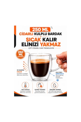 250 Ml Çift Cidarlı Kulplu Cam Bardak Isı Yalıtımlı Borosilikat Kahve Ve Çay Bardağı Şeffaf